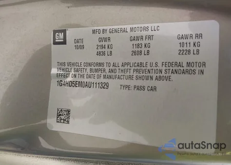 2010 Buick Lucerne Cxl Special Edition z USA, uszkodzony, nr VIN 1G4HD5EM0AV111329